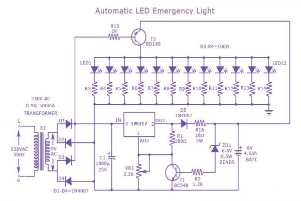 Automatic Led Emergency Light Circuit